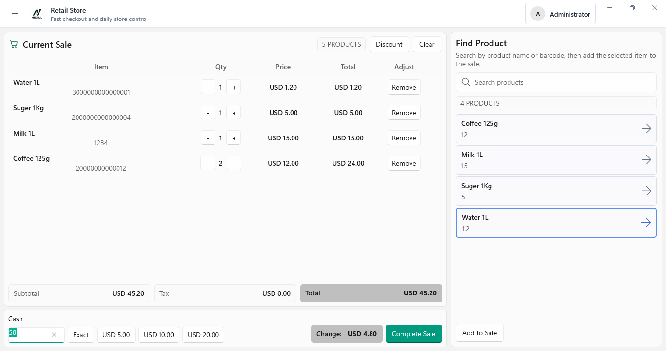 Checkout flow preview showing product search, sale review, tender recording, and receipt completion