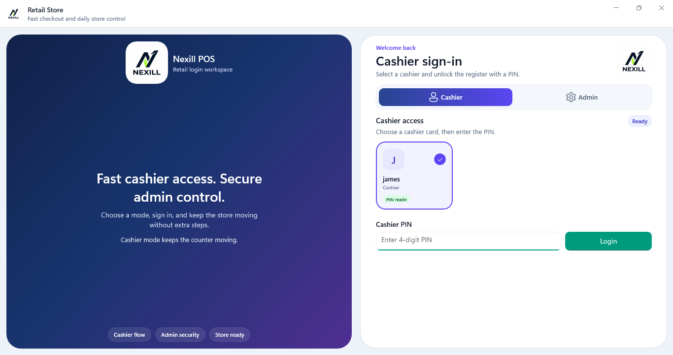 Cashier workspace preview showing sign-in and cashier access