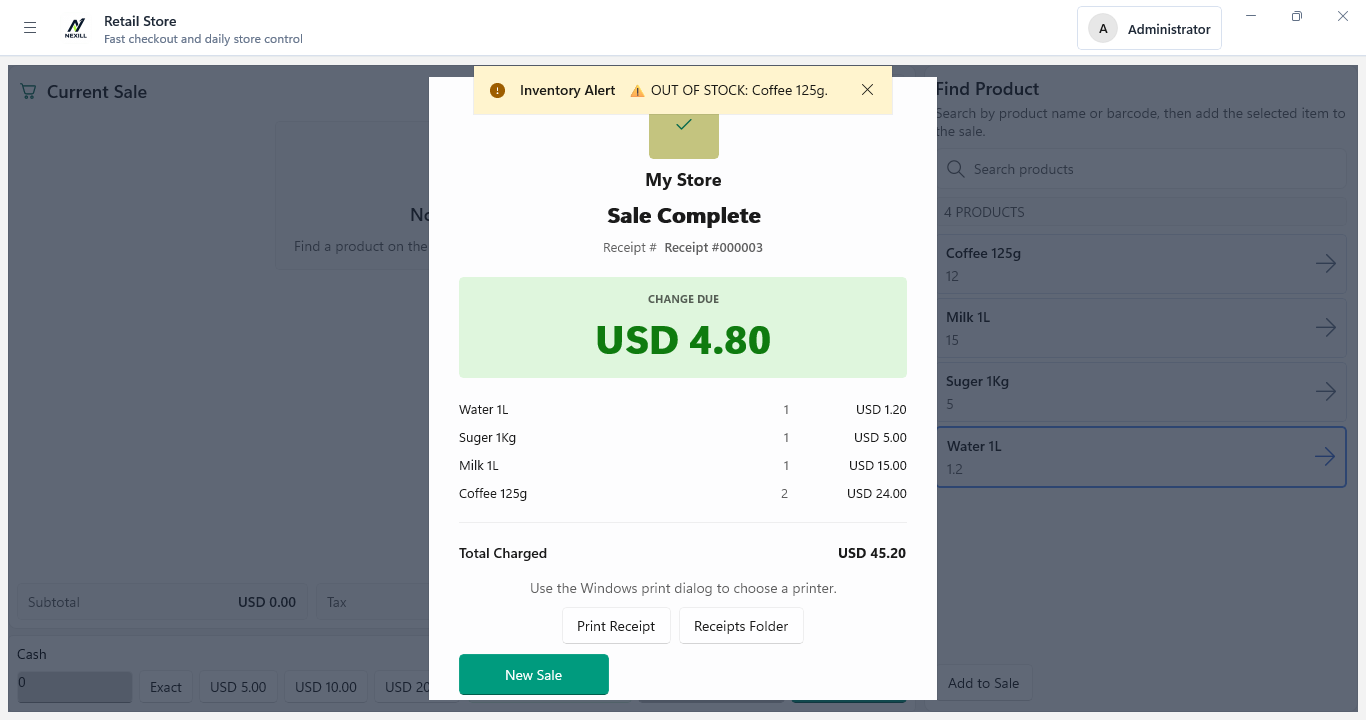 Store-day workflow preview showing sale completion and receipt state