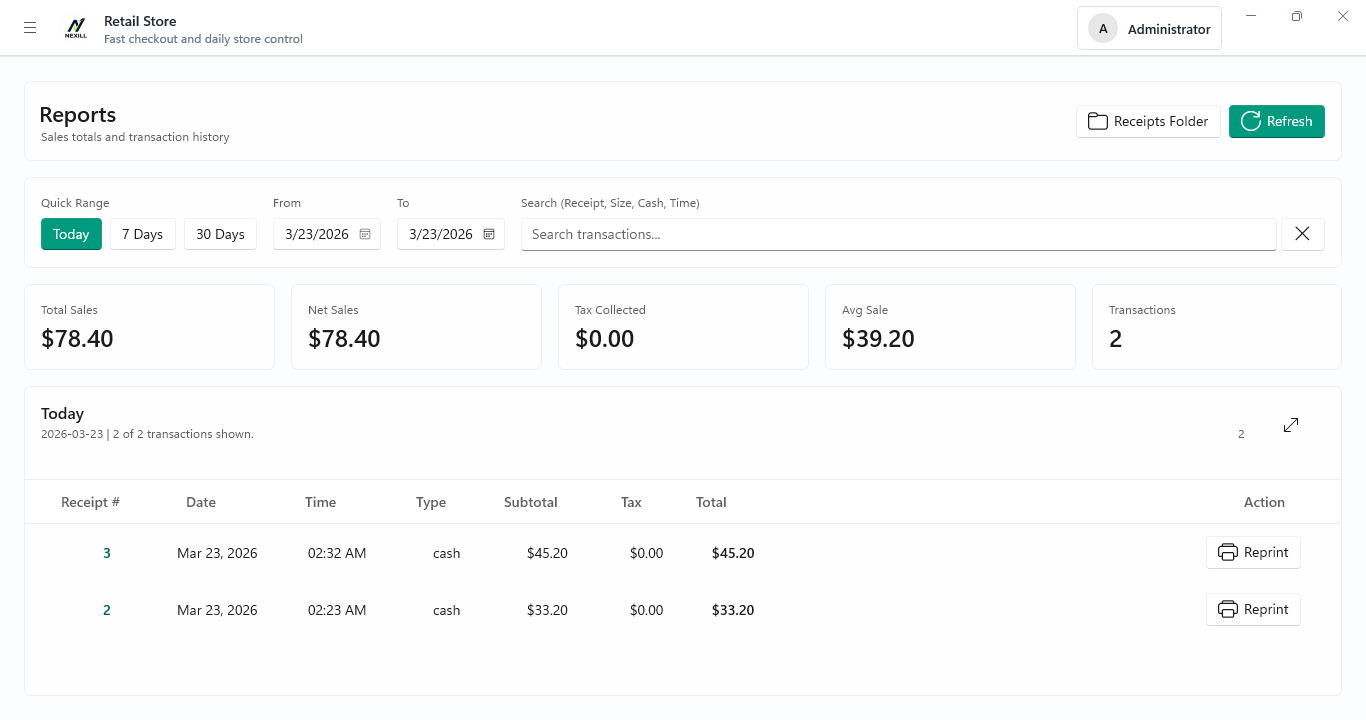 Dashboard and store activity preview showing sales totals and transaction history