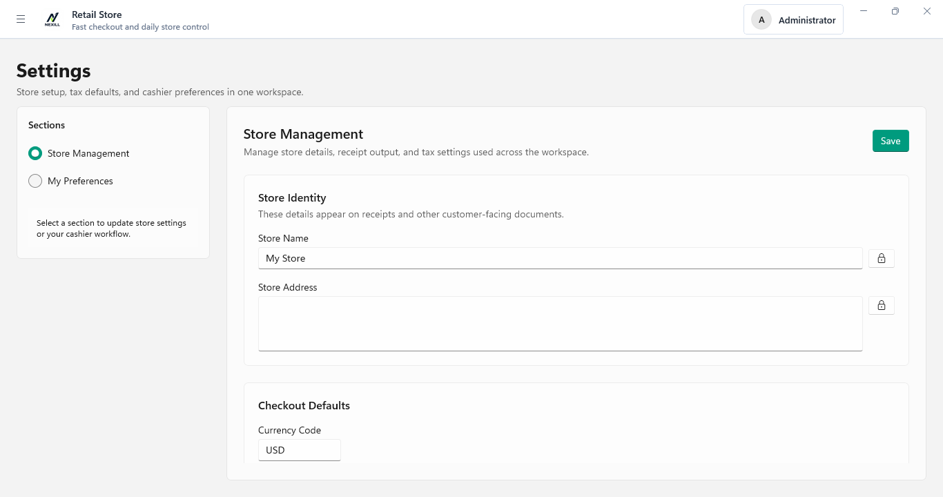 Setup and rollout preview showing store settings and cashier preferences